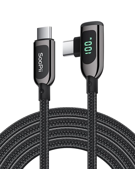 SOOPII 100W Right Angle USB C to USB C Cable2-Pack 1FT Zinc Alloy Case Nylon Braided Type-C Cable with LED Display for lPad Mini/Air/ProMacBook ProSamsung S23/S22/S10PixelLG(0.3mBlack)