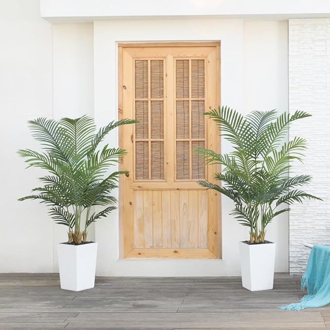 5FT Artificial Palm Tree - Tall Fake Tree with White Taper Planter & Pebbles, UV Resistant for Indoor & Outdoor Decor - Large Potted Faux Plant for Living Room, Office, Home Decor,VN130