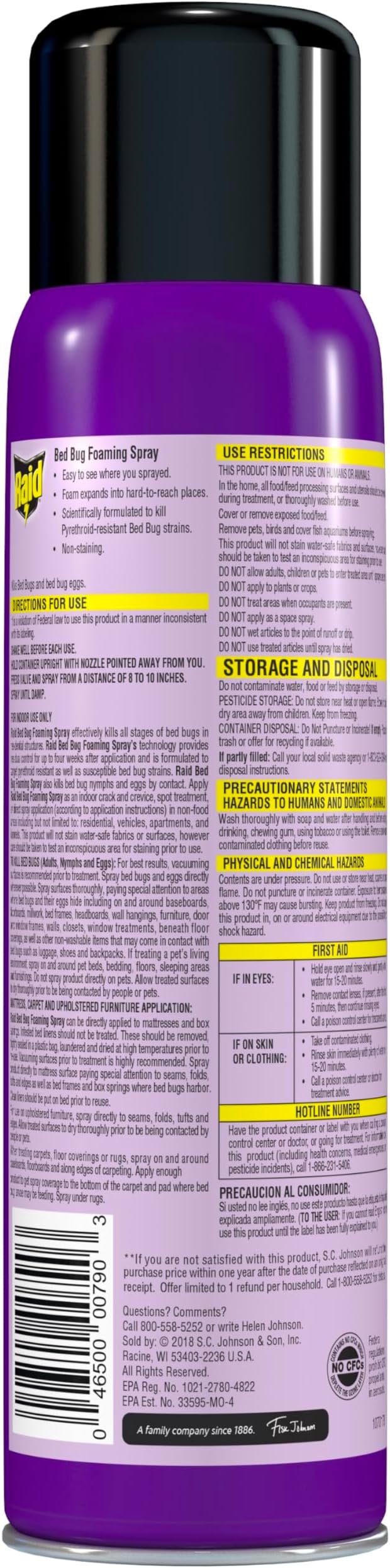 Raid Bed Bug Foaming Spray, Kills Bed Bugs and Their Eggs, for Indoor Use, Non-Staining, Keeps Killing for Weeks, 16.5 oz (Pack of 1)