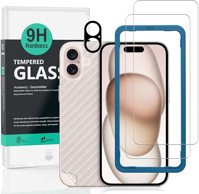 Ibywind 2 Pack Screen Protector Compatible With Apple iPhone 16 5G 6.19H Hardness Tempered GlassWith 1Pc Camera Lens Protector1Pc Back Carbon Fiber Film