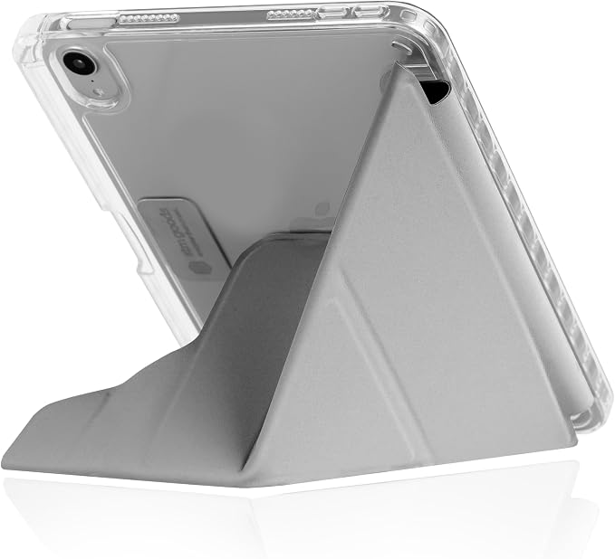 STM OPP Case for iPad mini (A17 Pro/6th Gen) – Ultra-Slim Folio Cover with Origami Stand Crystal Clear Back Drop Protection Integrated Apple Pencil Holder Easy Port Access – Grey