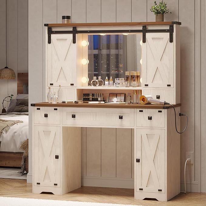 DICTAC Farmhouse Makeup Vanity Desk with Lighted Mirror & Power Strips, Vanity Table with Sliding Barn Door Hidden Shelves & 5 Drawers & 2 Cabinets, White Dressing Table for Bedroom, Lights Adjustable