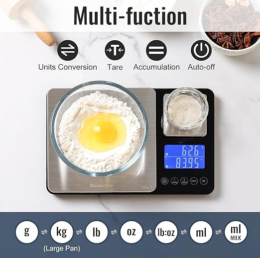 KitchenTour Dual Platform Digital Kitchen Food Scale, 0.001oz/33lb