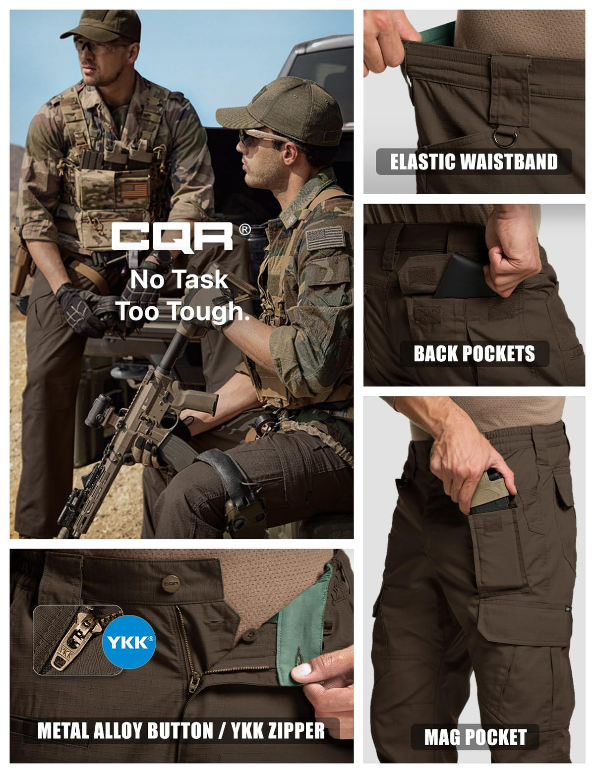 CQR Men's Tactical Pants, Water Resistant Ripstop Cargo Pants, Lightweight EDC Work Hiking Pants, Outdoor Apparel, Duratex Mag Pocket Dark Brown, 34W x 34L