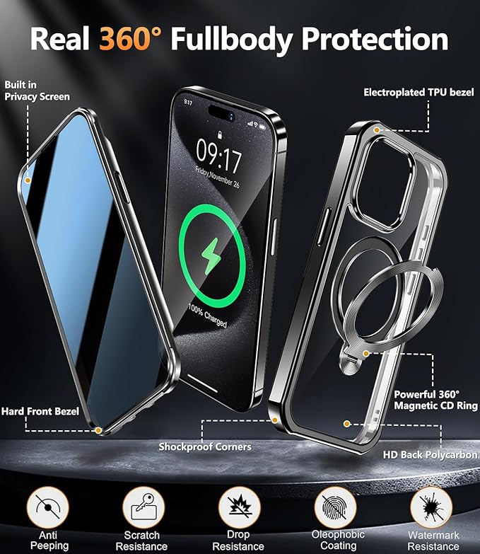 [360° Rotatable CD Stand & Built-in Privacy Screen Magnetic Case for iPhone 15 Pro Max[Compatible with MagSafe&Full Signal] Mil-Grade Shockproof Full Body Anti-Spy Cover for 15 Pro Max-Black