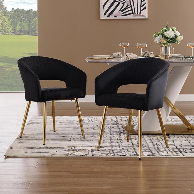 Modern Black Velvet Dining Chairs Set of 4, Upholstered Gold Dining Room Chairs with Tufted Back, Accent Armrest Kitchen Chairs with Gold Legs for Dining Room Reception
