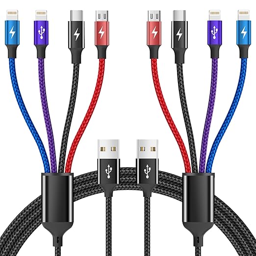4 in 1 Multi Charging Cable 2 Pack 6FT Charging Cords for Devices | Nylon Braided USB C Car Charger Cable with Dual USB-C IP &amp Micro Ports Long Travel Charging Cord for Cars