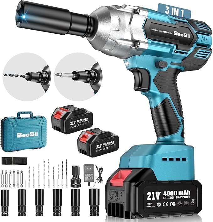 Seesii Cordless Impact Wrench 1/2 inch, High Torque 479 Ft-lbs(650Nm) Brushless Impact Gun,2500RPM w/2x4.0 Battery, 6 Sockets,8 Drill Bits, High Torque Power Impact Driver for Car Home,WH700