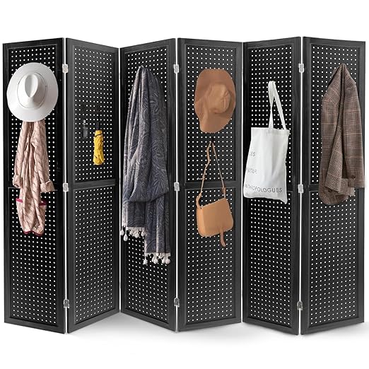 Babion 6 Panel Pegboard Display, Peg Board Room Divider Freestanding Folding Privacy Screens Display Stand for Craft Shows (Black)