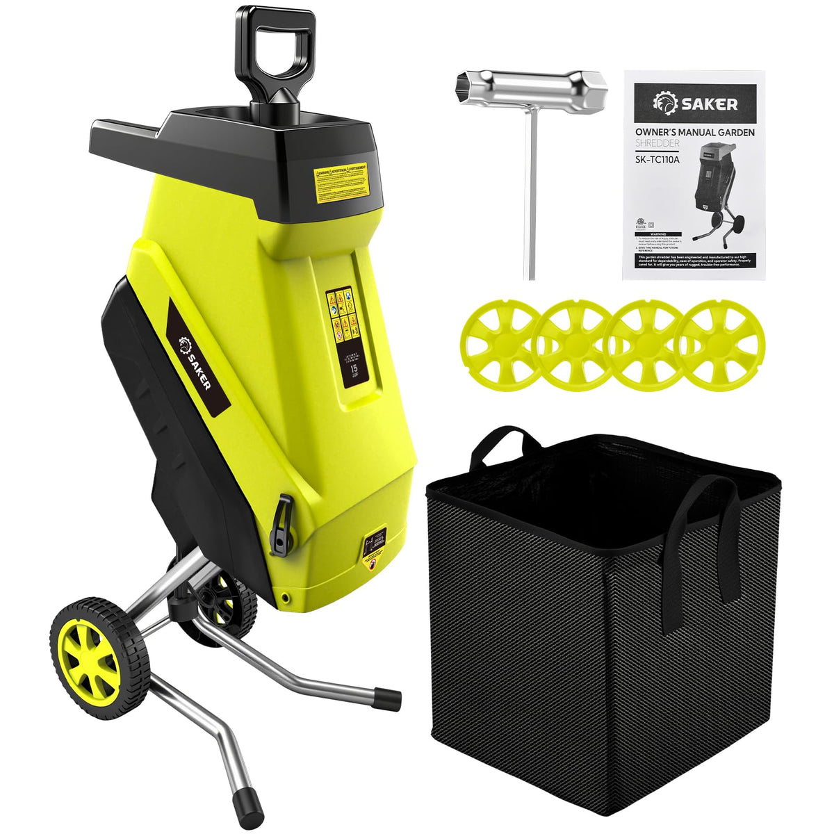 Saker Electric Wood Chipper Shredder 15-Amp Corded 1.8inch Cutting with Collection Bag Double-Sided Blade for Cutting Branches, Clippings, Yard Debris SK-TC110A