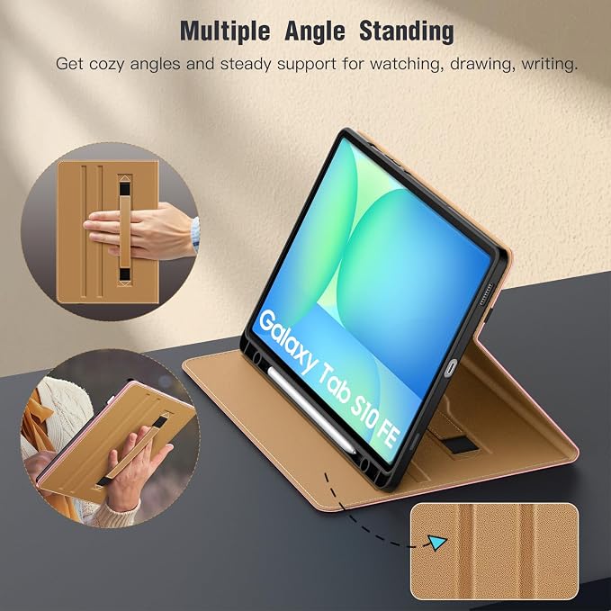 MoKo Case for Samsug Galaxy Tab S10 Lite/ S10 FE/ S9 FE/ S9 10.9/11 Inch | Built-in S Pen Holder Case for Samsung Tablet (2025/2023) PU Leather Hand Strap &amp Front Pocket Blue &amp Brown