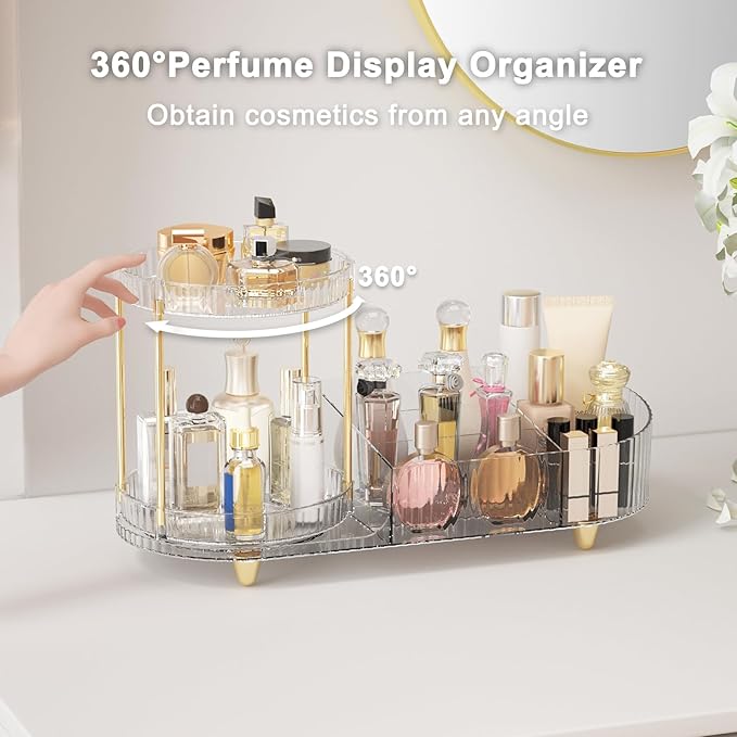 Makeup Organizer Countertop for Vanity, Rotating Skincare Organizers and Storage, 2-in-1 Cosmetic Organizer Display Case with Makeup Holder Perfume Tray for Desk Counter Bathroom Dresser
