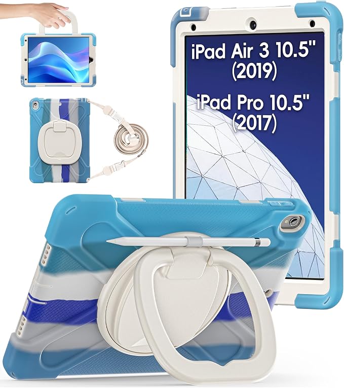 BATYUE Shockproof Case for iPad Air 3rd Gen 2019 &amp iPad Pro 10.5 2017 | with 360° Rotating Stand &amp Pencil Holder &amp Shoulder Strapfor Daily Use &amp Office/School/Outdoor - Navy Blue