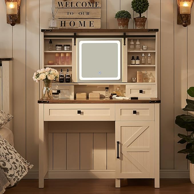42'' Farmhouse Makeup Vanity Desk with Sliding Mirror and Lights, Glass Tabletop Vanity Table with Barn Door, 4 Drawers & Hidden Shelves, Rustic Big Vanity Women Dressing Table, Antique White