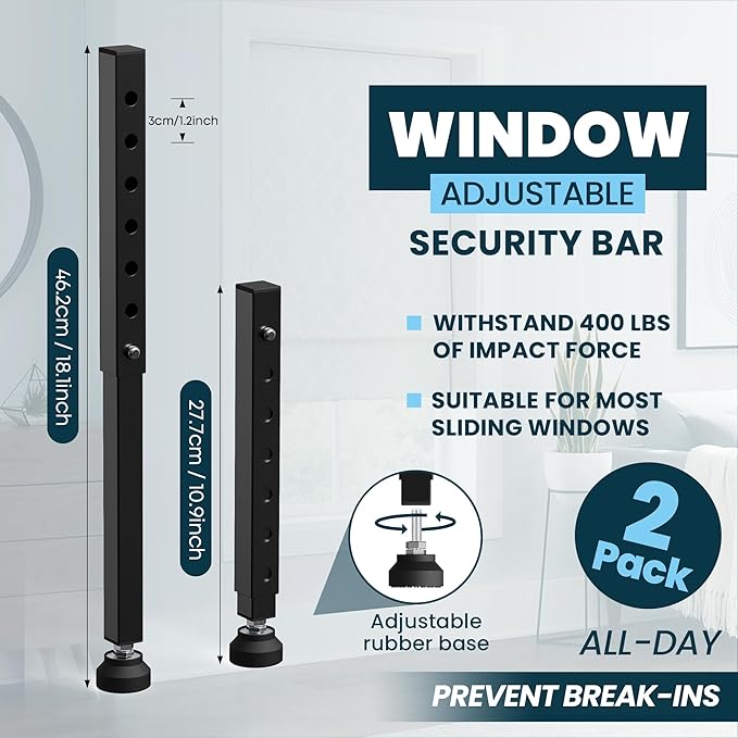 Gadgetzan 2 Pack Window Security Bars Adjustable 11"-18",Portable Short Sliding Window Lock Bar for Child Safety/Anti-Theft,Window safety lock with Rubber Base for Vertical and Horizontal Window-Black