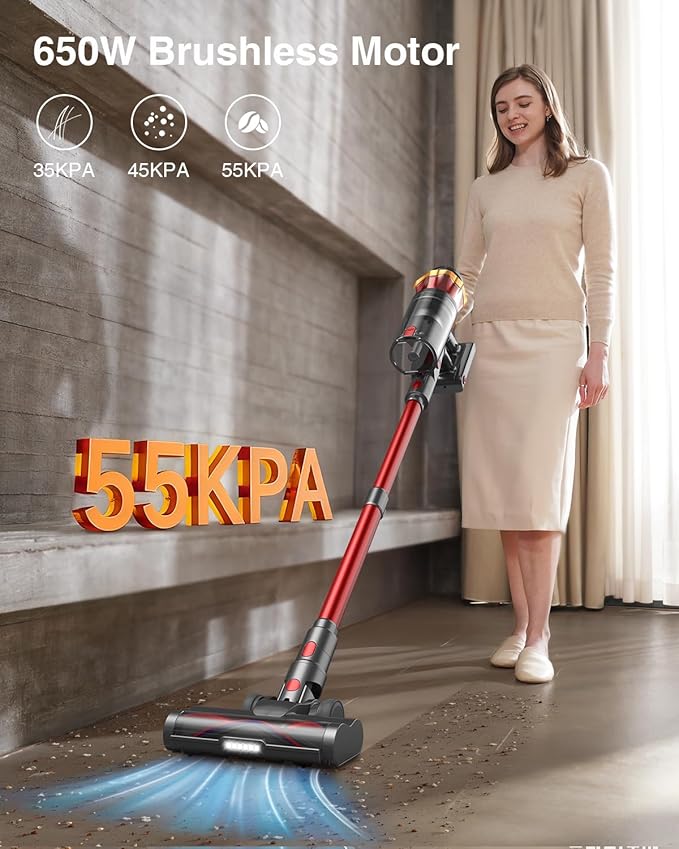 Cordless Vacuum Cleaner, 650W 55KPa 70Mins Vacuum Cleaners for Home, Self-Standing Stick Vacuum with Anti-Tangle Brush & OLED Touch Screen, Vacuum Cleaner for Hardwood Floors,Carpet,Pet Hair,Car (Red)