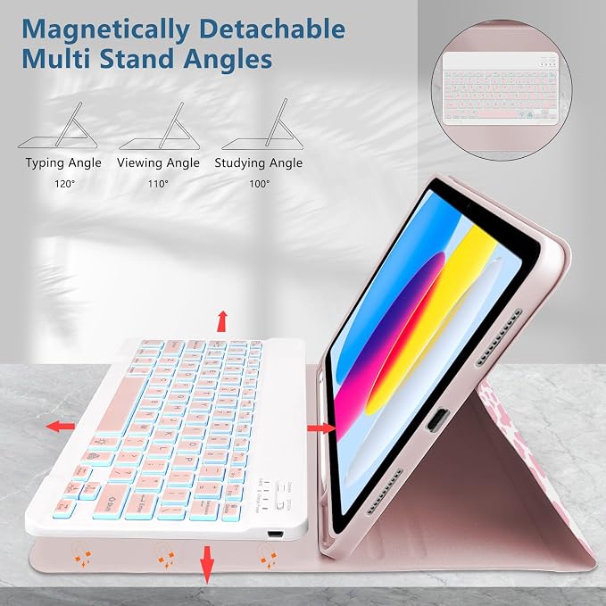 for Bluetooth Keyboard for iPad 10th Gen 10.9 inch (2022) case (A16) 11th / 10th Gen Case 11'' (2025) with 7-Color Backlights Pencil Holder Detachable Rechargeable - Black Cow