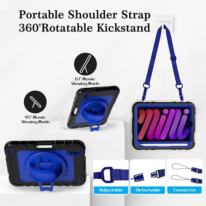 for iPad mini 7 A17 Pro/iPad mini 6 8.3 Inch Case iPad mini 7th/6th Generation Case (2024/2021) with Pencil Holder/Kickstand Hand Strap/Shoulder Strap Black