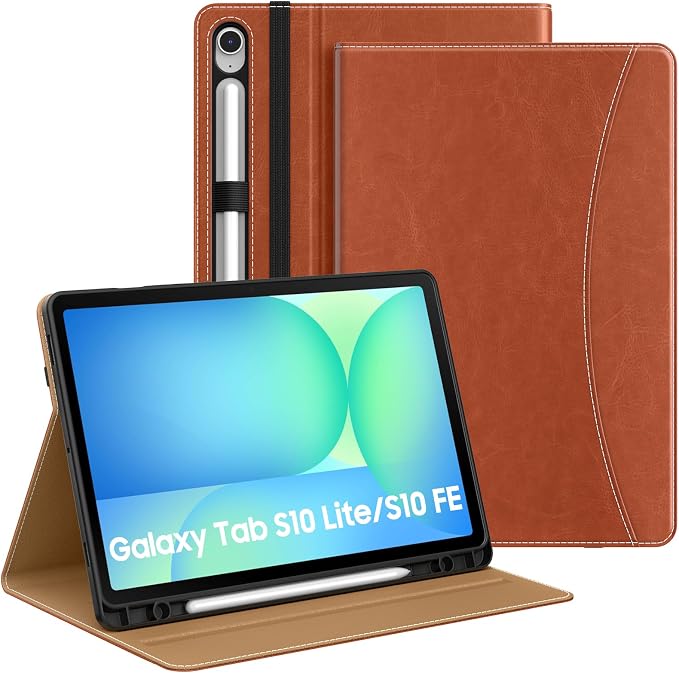 MoKo Case for Samsug Galaxy Tab S10 Lite/ S10 FE/ S9 FE/ S9 10.9/11 Inch | Built-in S Pen Holder Case for Samsung Tablet (2025/2023) PU Leather Hand Strap &amp Front Pocket Blue &amp Brown