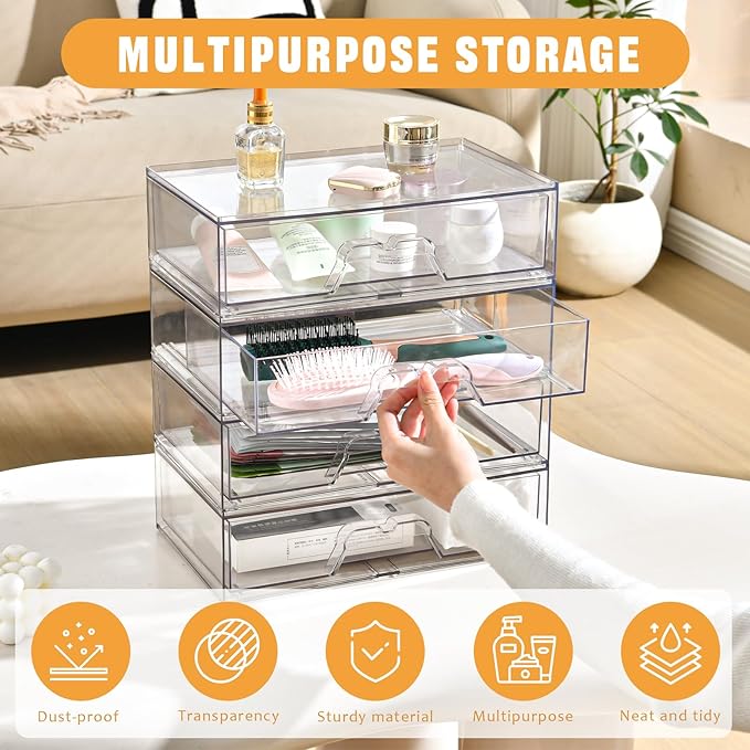 2 Pack Stackable Makeup Organizer, 12.1''L Acrylic Bathroom Organizer and Storage Undersink Drawer, Cosmetics and Beauty Supplies,Clear Plastic Storage Bins for Desk,Cabinet,Kitchen,Vanity,Pantry