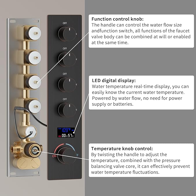 KATAIS Oil Rubbed Bronze Digital Display Shower System with 12 inch Ceiling Mounted Shower Head and Wall Mounted Two Shower Head(8 inch), with Handheld Shower