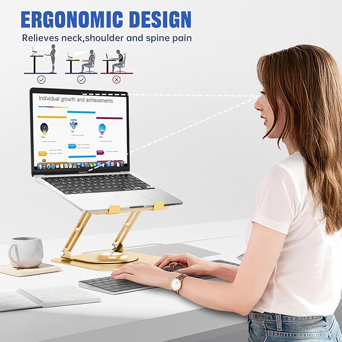 Laptop Stand for Desk, Adjustable Computer Stand with 360° Rotating Base, Ergonomic Laptop Riser for Collaborative Work, Foldable & Portable Laptop Stand, fits for All 10-16" Laptops (Gold)