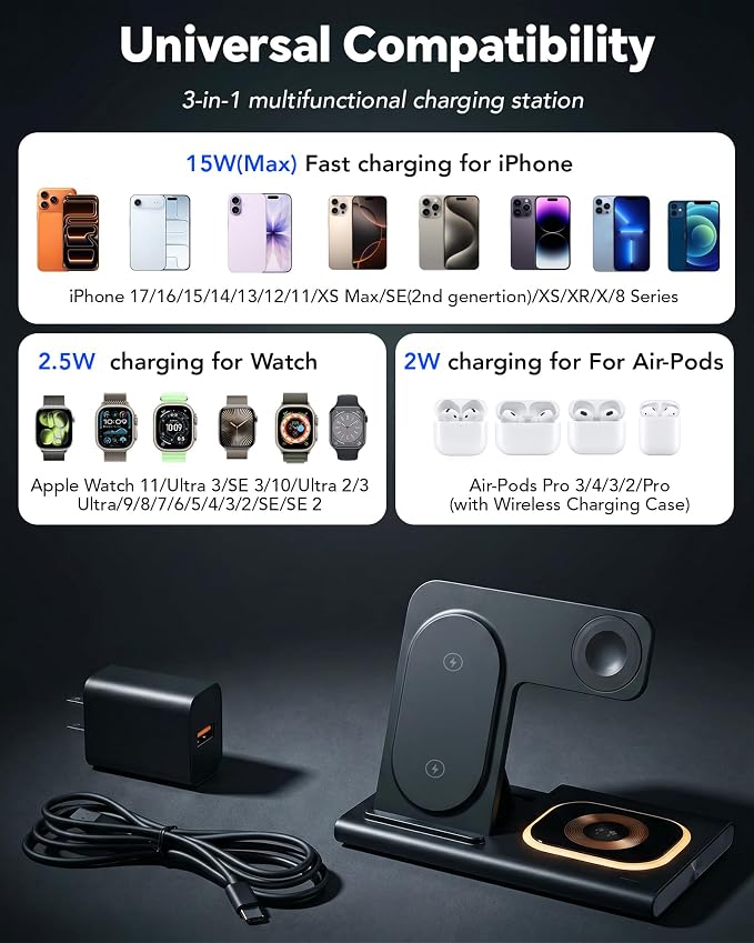 3 in 1 Foldable Wireless Fast Charging Station for Apple Multiple Devices | iPhone Charging Station for iPhone 17 Travel iWatch Charger Stand Light Nightstand Charging Dock for Apple Watch/Airpods