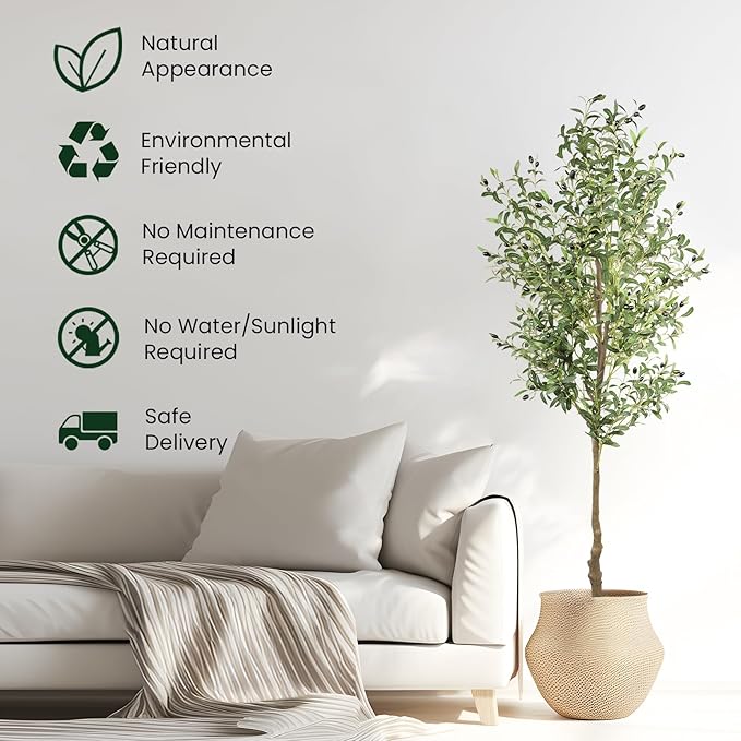 ANTING Artificial Olive Tree, 7FT Faux Olive Tree with Pot, 84in Faux Plants Indoor with Realistic Trunk, 1656 Leaves and 92 Fruits for Home Office Decor Outdoor 1Pack