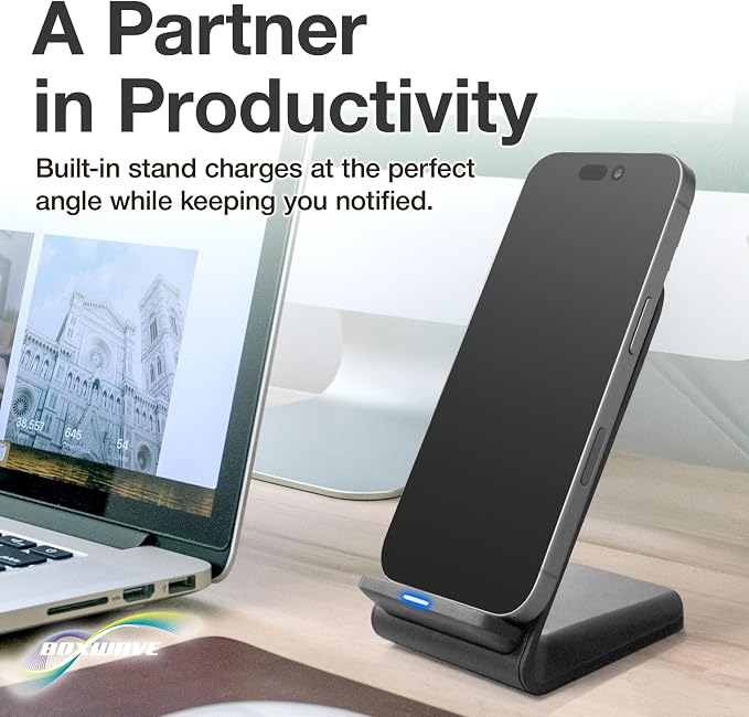 BoxWave Charger Compatible with Google Pixel 3 - Wireless QuickCharge Stand (15W) Desktop Viewing Wireless Charging - Jet Black