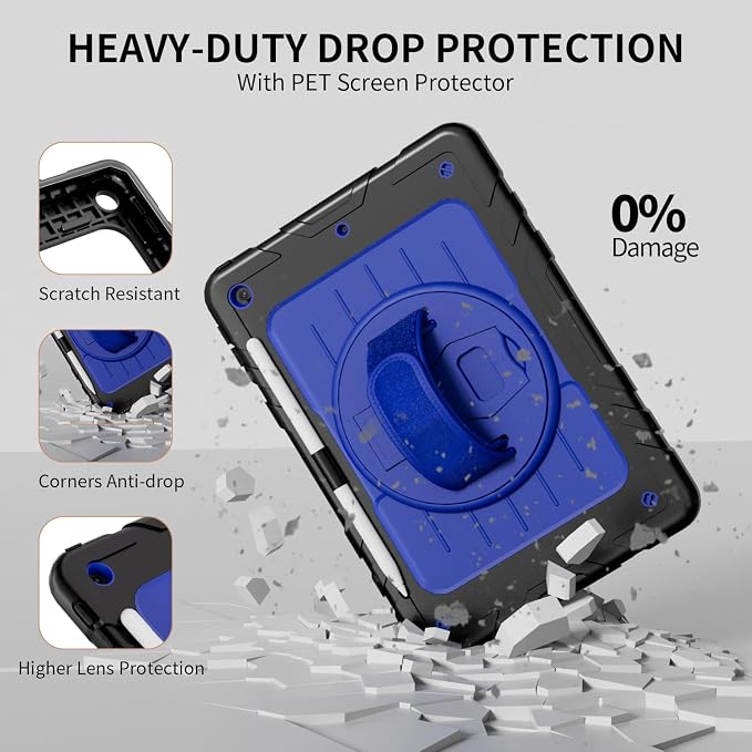 Case for iPad 9th/8th/7th Generation-Built-in Screen Protectorwith Pencil Holder&amp360°Rotating Hand StrapShoulder StrapCase for iPad 10.2 inch 2021-2019(Black)