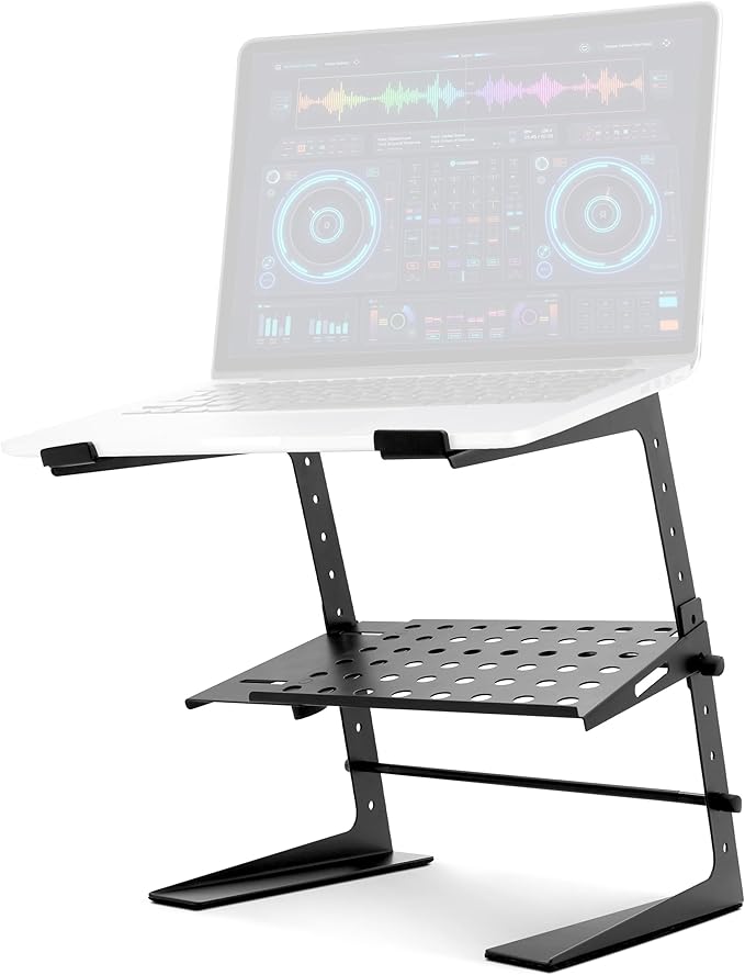 Pyle DJ Laptop Stand with Storage Shelf, Portable Adjustable Computer Stand for Laptop, Height Adjustable Laptop Floor Stand for DJ Booth, Studio, Live Events, and Home Use