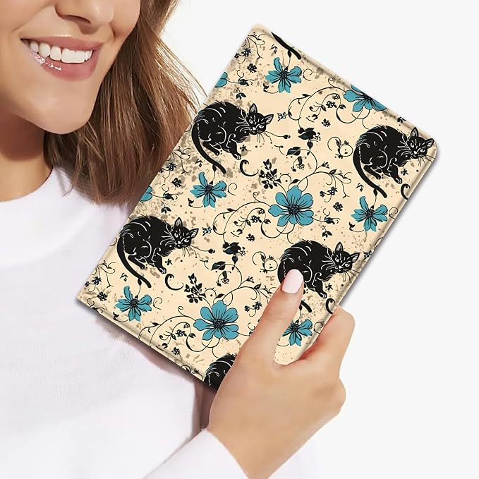 Case for Samsung Galaxy Tab A11 + Plus/A9 + Plus 11 Inch 2025/2023 Ultra-Thin Multi-Angle Protective Cover with Auto Sleep/Wake Black Cat and the Blue Flower