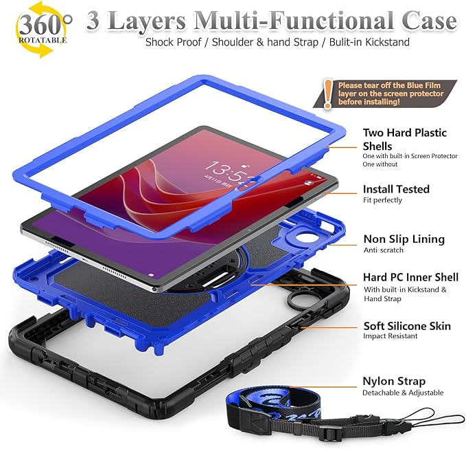 SEYMAC stock Tablet Case for Lenovo Tab M11 (TB-330FU/TB-330XU) 11 inch Drop-Proof Protection Cover with 360° Rotate Stand & Strap [Pen Holder] & Screen Protector/K11/Xiaoxin Pad 2024, Blue+Black