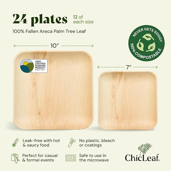 Chic Leaf Square Palm Leaf Tableware - 10" & 7", Pack of 24 - Durable Bamboo Disposable Dinnerware - Eco-Friendly Compostable Plates - Versatile Party & Appetizer Plates