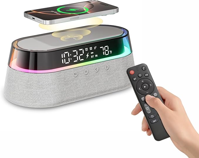 KUANGXIANG 6-in-1 Bluetooth Speaker Alarm Clock with Remote, 15W Fast Wireless Charger, FM Radio & Dimmable LED Night Light, Dual Digital Clock for Bedroom Home Office, Ideal for Him, Men Women