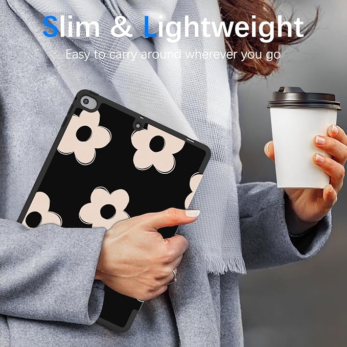 Case for iPad 6th / 5th Generation 9.7-inch iPad Air 2 /Air 1 | Smart Trifold Stand Shockproof Case with Pencil Holder Auto Wake/Sleep Cover Viewing &amp Typing Angles Black Flowers