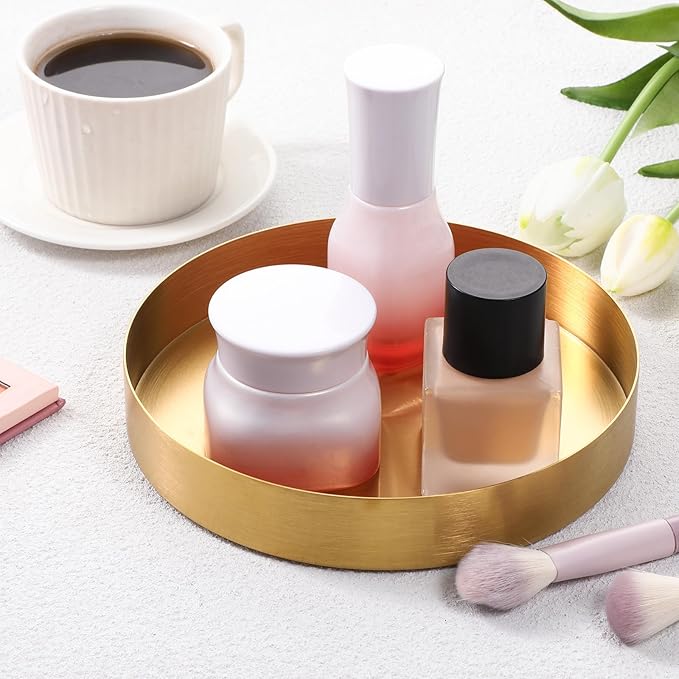 2 Pcs 7 Inch Round Gold Tray, Stainless Steel Metal Decorative Tray Vanity Trays Makeup Organizer, Coffee Table Trays for Jewelry Perfume Candle Kitchen Tableware