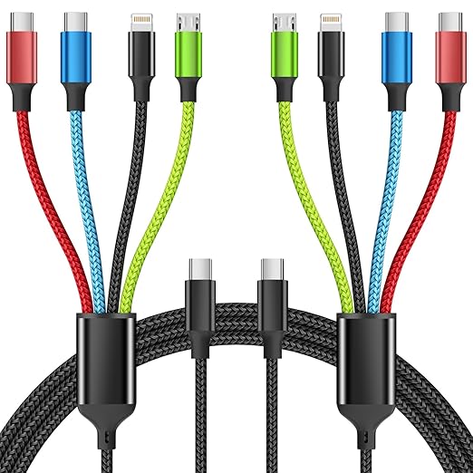 4 in 1 Multi Charging Cable 2 Pack 6FT Charging Cords for Devices | Nylon Braided USB C Car Charger Cable with Dual USB-C IP &amp Micro Ports Long Travel Charging Cord for Cars