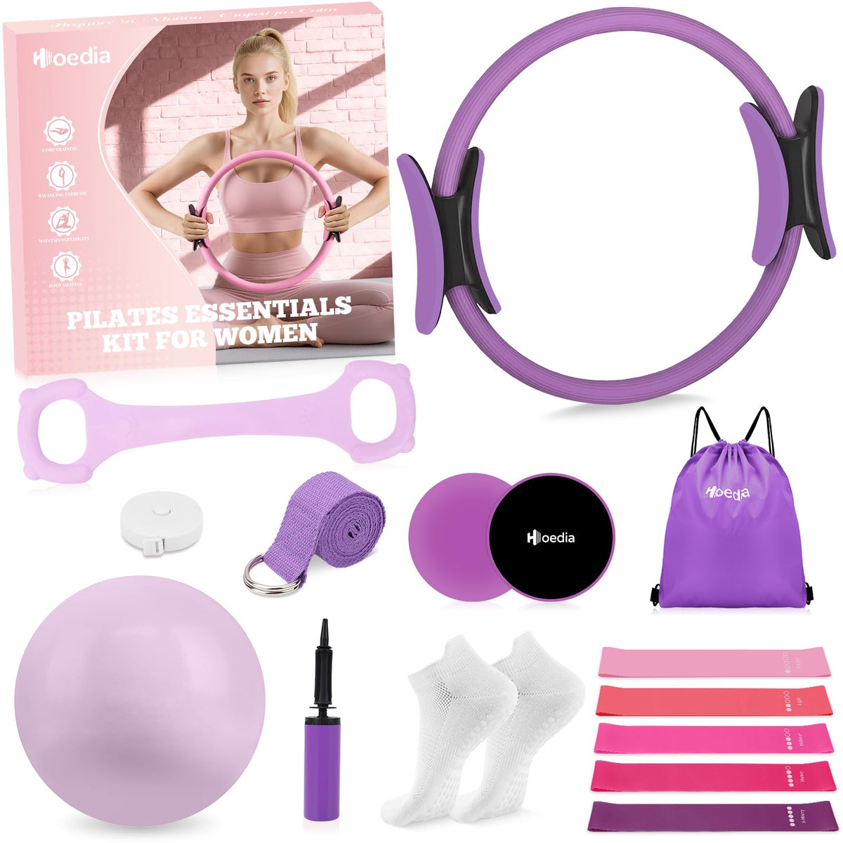 Hoedia Pilates Kit for Women, Pilates Equipment Ring and Ball Set, Purple
