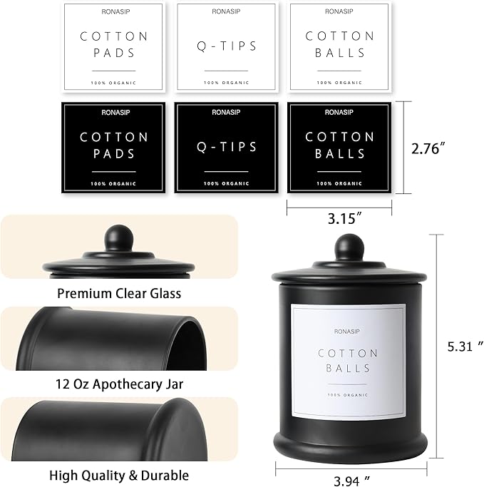 Qtip Holder & Cotton Pad Dispenser, Bathroom Organizer and Storage Canisters, 16oz Glass Apothecary Jars for Kitchen, Restroom - Home Decor Accessories, Room Decor Aesthetic (2 Pack, Black)