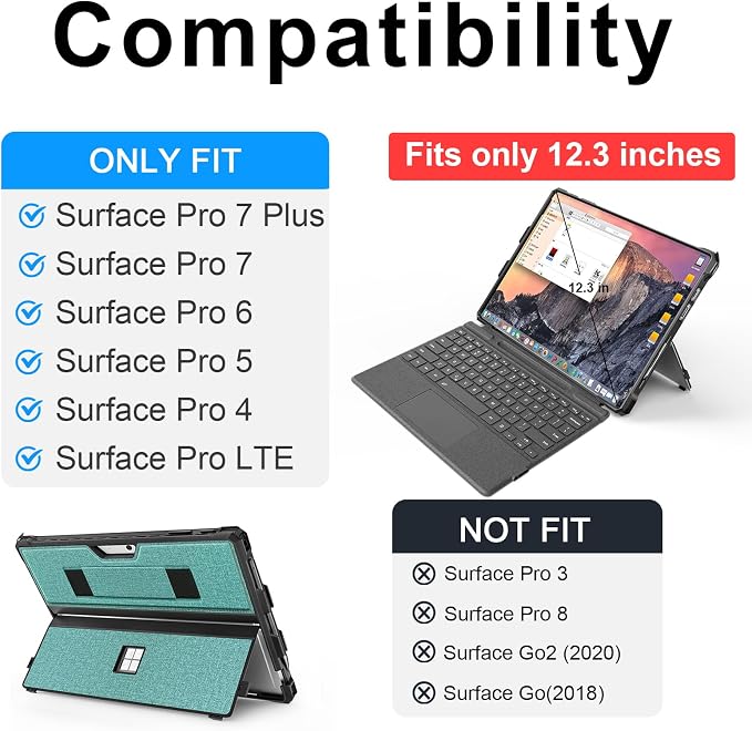 Case for 12.3 Microsoft Surface Pro 7+/7/6/5/4 Protective Rugged Cover Case with Surface Pen Holder and Hand Strap Compatible with Surface Pro Type Cover Keyboard (Black)