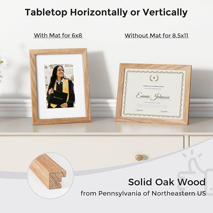 Axeman Diploma Frame For 8.5x11 Certificate Document | Solid Oak Wood 8.5 By 11 Picture With Mat For 6x8 | 8 1/2 x 11 Certificate Frame | Plexiglass And Hanging Hardware Included | Natural