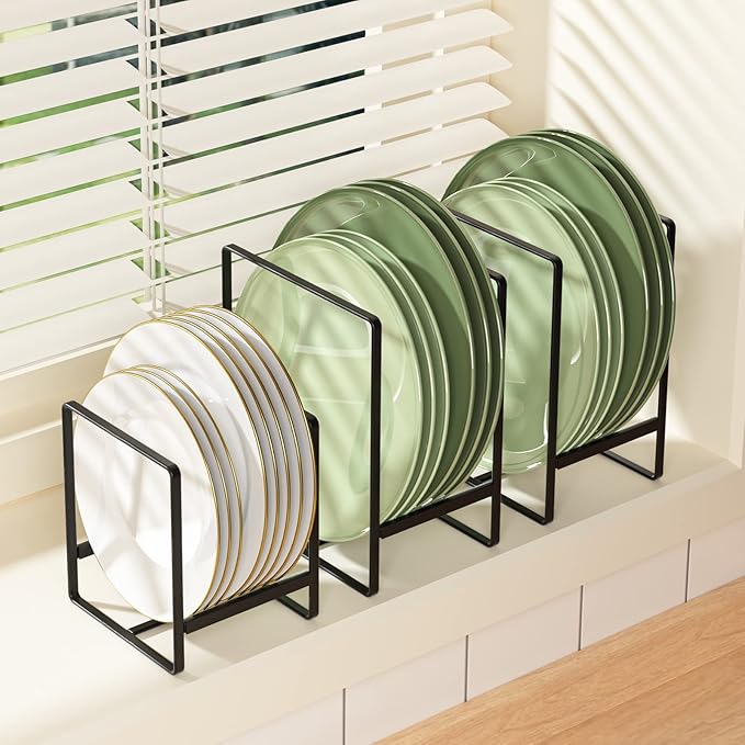 2 Large 2 Small Plate Organizers Holders Upright Cabinet Dish Drying Racks Metal Plate Dish Organizers Racks Stands for Countertop and Cupboard Black