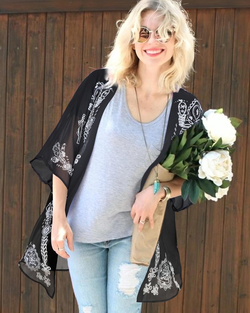 Summer Kimono Cardigan for Women Sheer Boho Tops Casual Open Front Swimwear Shirts Beach Cover ups (Caftan Black,M)