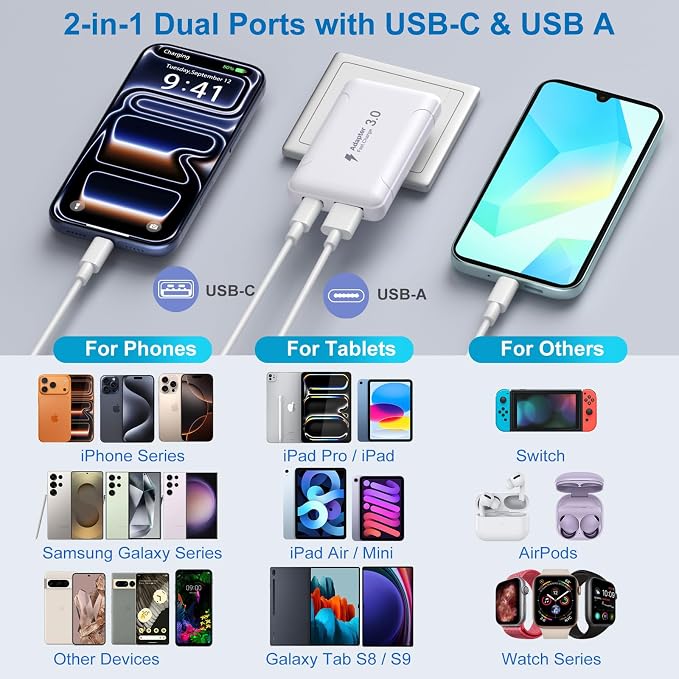 Flat USB C Wall Charger Costyle 2 Pack 50W Slim USB A and USB C Power Adapter Plug PD+QC 3.0 Fast Charging Block with Foldable Outlet Plug for Galaxy A16 A14 A03S A05iPhone 16 15(Black)