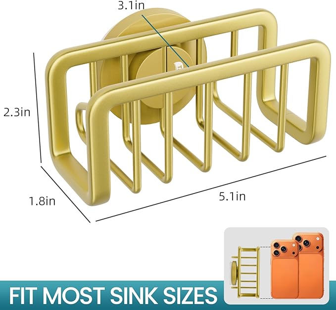 TAILI Sponge Holder for Kitchen Sink with Strong Suction Cup, Rustproof Aluminum Sink Caddy for Sponges, Removable Sponge Holder, Dish Brush for Scraper - Gold