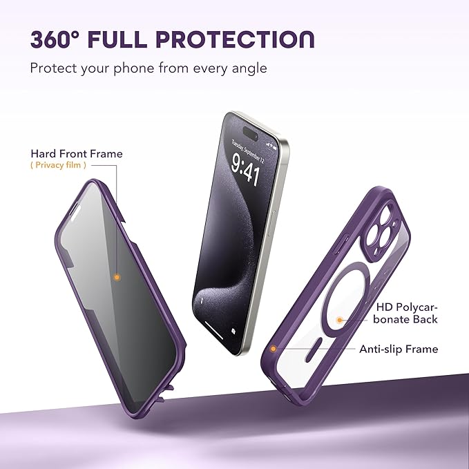Magnetic for iPhone 15 Pro Max Case, Compatible with MagSafe, Built-in Privacy Screen Protector and Camera Protection, Anti Spy Full Body Dustproof Shockproof Hard Phone Case 6.7", Purple