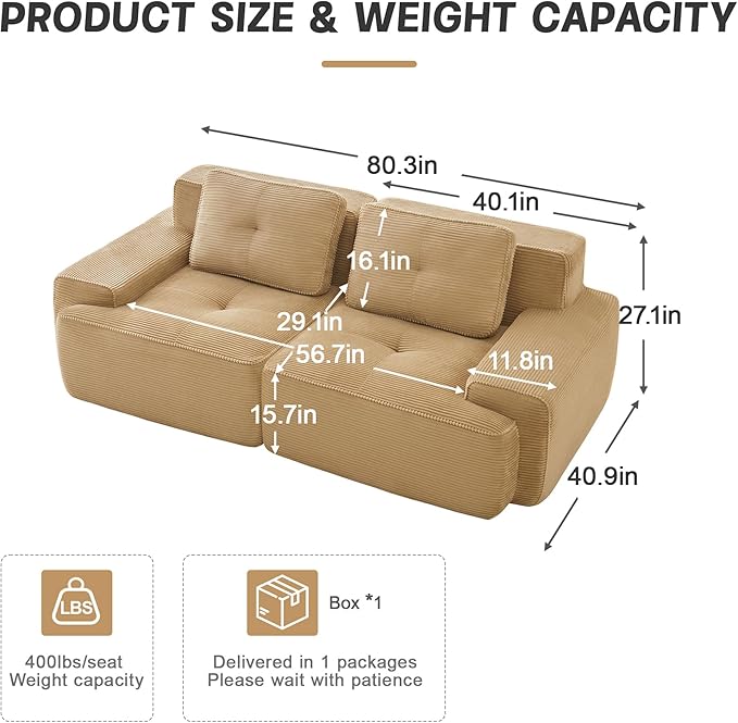 80" Modern Corduroy Boneless Love Seat Couches, 2 Seater Large Sectional Couches for Living Room, Camel Cloud Modular Sectional Sofa, Memory Foam, Extra Deep Loveseat, No Assembly