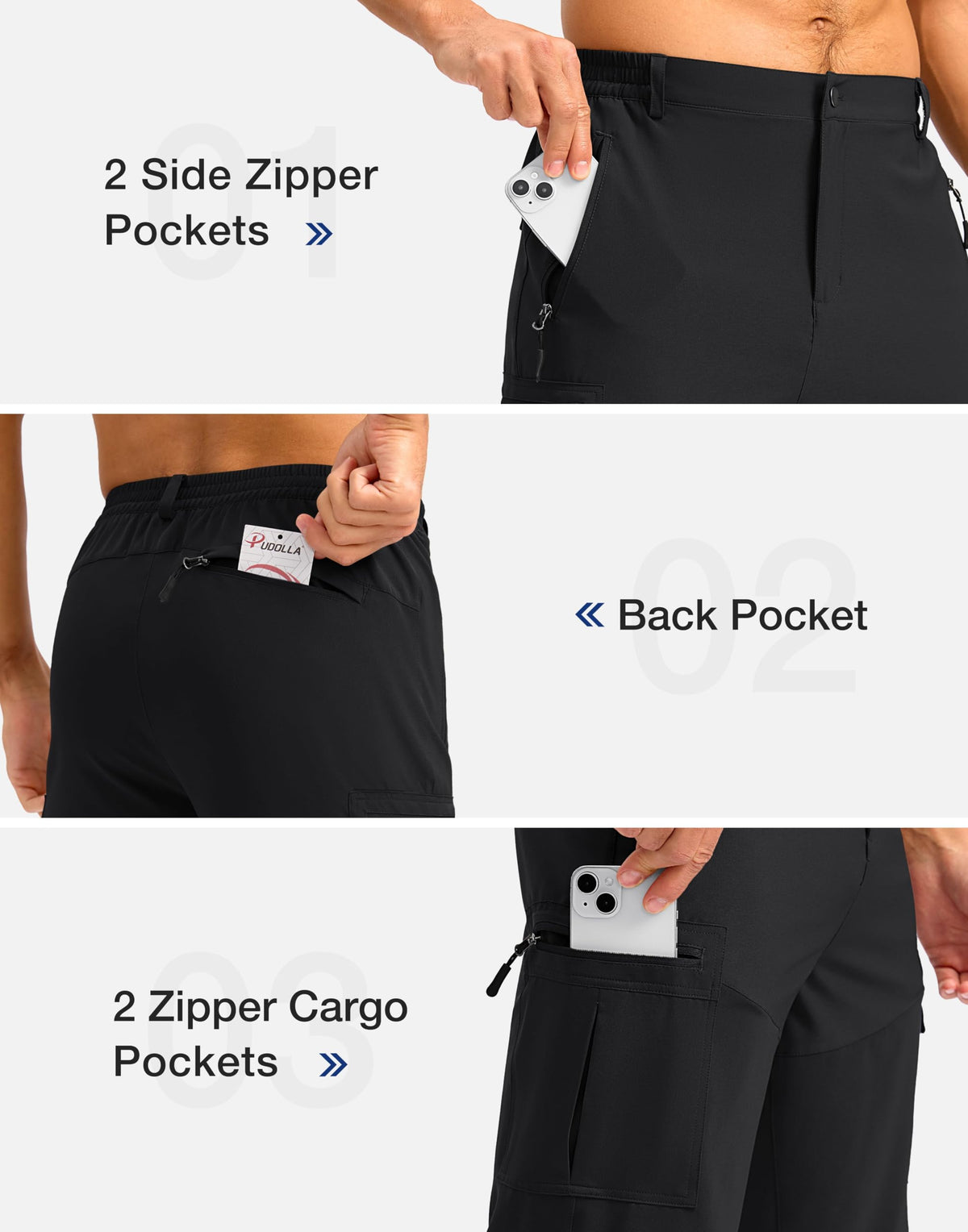 Pudolla Men's Hiking Shorts 11" Lightweight Cargo Work Shorts for Men Summer Travel Golf Casual Outdoor with 5 Pockets(Black Small)