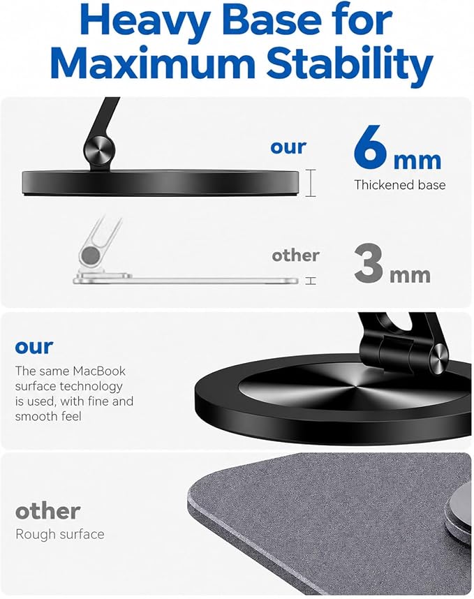 Phone Stand for Desk 360° Rotating Dual Adjustable Foldable Cell Phone Holder Heavy Solid All-Aluminum Base Anti-Slip Stable Support for Home Office Study Fits iPhone Galaxy 4-8 Phones